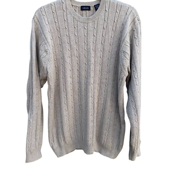 Izod Mens Beige Crew Neck Long Sleeve All Cotton Cable Knit Long Sleeve Sweater - Picture 1 of 8